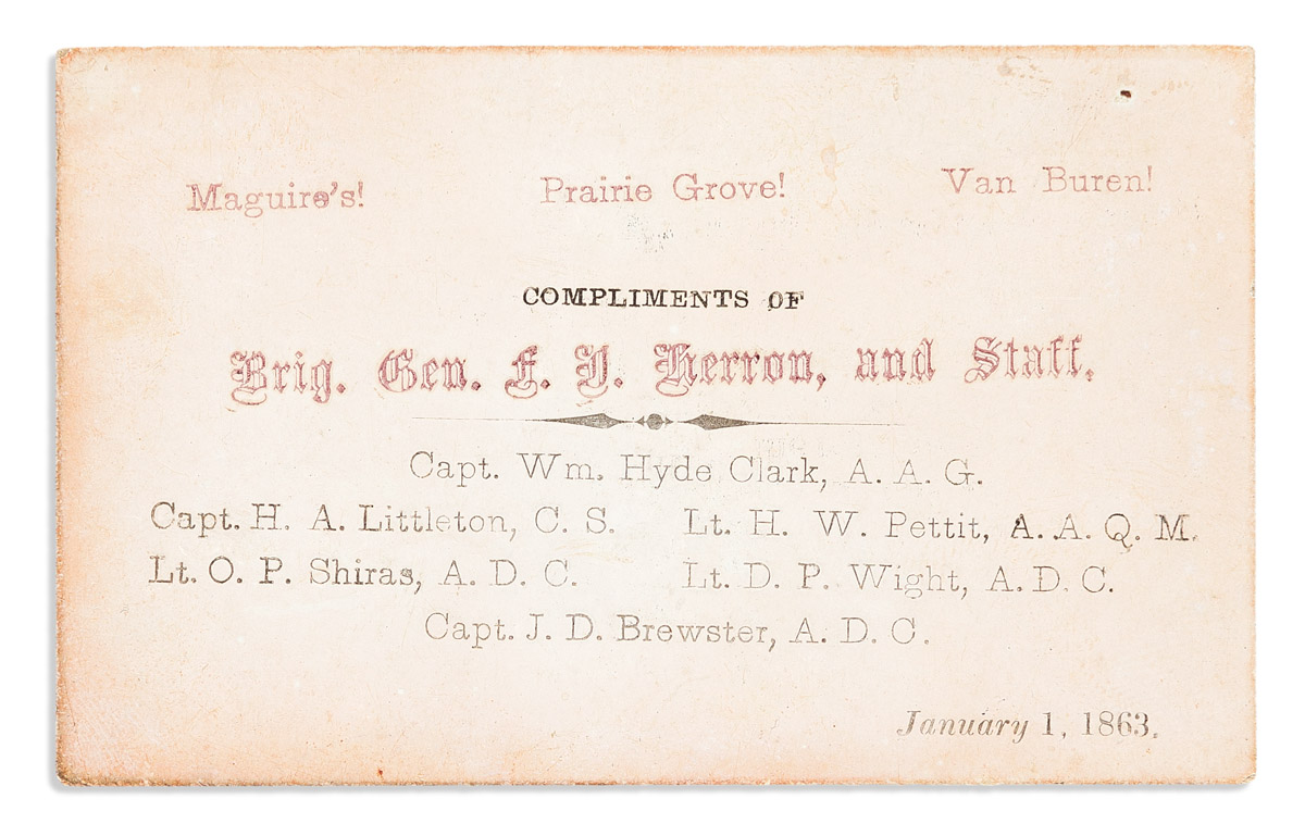 (CIVIL WAR--ARKANSAS.) War-date calling card printed for General Herron of the Army of the Frontier.